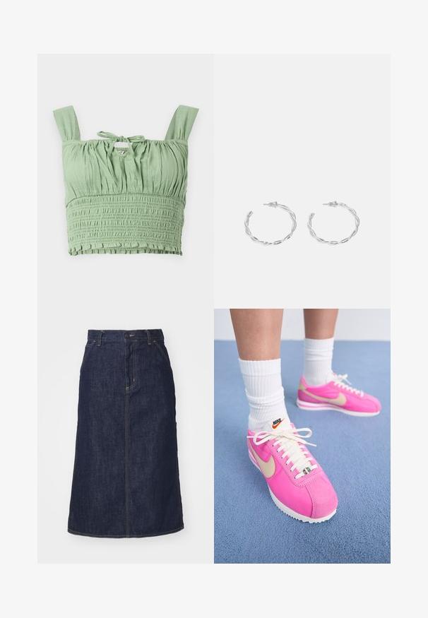 Rosa Kapuzenpullover aus weichem Stoff mit einer Fronttasche, Kordeln am Hals und einem kleinen Logo auf der Brust.; Hellgrünes Crop-Top mit geraffter Textur, breiten Trägern und gebundenem Ausschnitt. Verfügt über gerafften Stoff für eine lockere Passform.; Dunkelblaue Jeansrock mit hoher Taille, geradem Schnitt, aufgesetzten Taschen und genähten Nähten. Mit einem Reißverschluss und einem Knopfverschluss an der Taille.; Rosa Nike-Sneaker mit einem Obermaterial aus Wildleder und Stoff, weißen Schnürsenkeln und goldenem Swoosh-Logo; weiße Gummisohle; getragen mit weißen gerippten Socken.; Silberne Creolen mit gedrehter Gestaltung, ausgestattet mit einer polierten Oberfläche und einer Steckverschluss. Sie haben einen Durchmesser von ca. 3 cm.