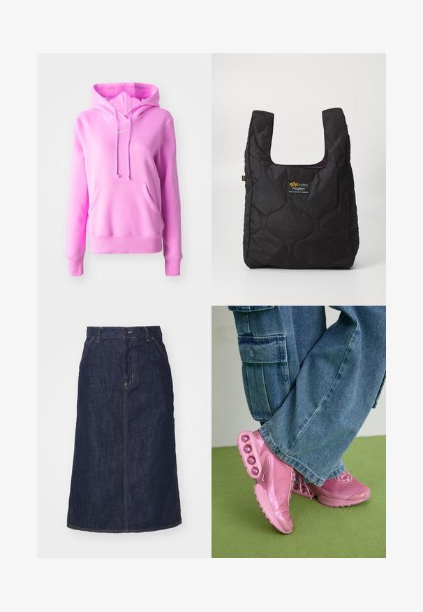 Rózsaszín kapucnis pulóver puha anyagból, elülső zsebbel, nyak körüli húzózsinórral és kis logóval a mellkasán.; Sötét farmer szoknya magas derékkal, egyenes szabással, elülső zsebekkel és varrott varrásokkal. A deréknál cipzáros és gombos záródással rendelkezik.; Rózsaszín sportcipők hálós felsőrész és fényes részletek jellemzik, lekerekített párnázó betétekkel a talpon. Széles farmernadrággal viselve.; Fekete steppelt táska nagy nyílással, ívelt formákkal a felületen, és egy címkével, amely sárga és fehér szöveget tartalmaz az elején.