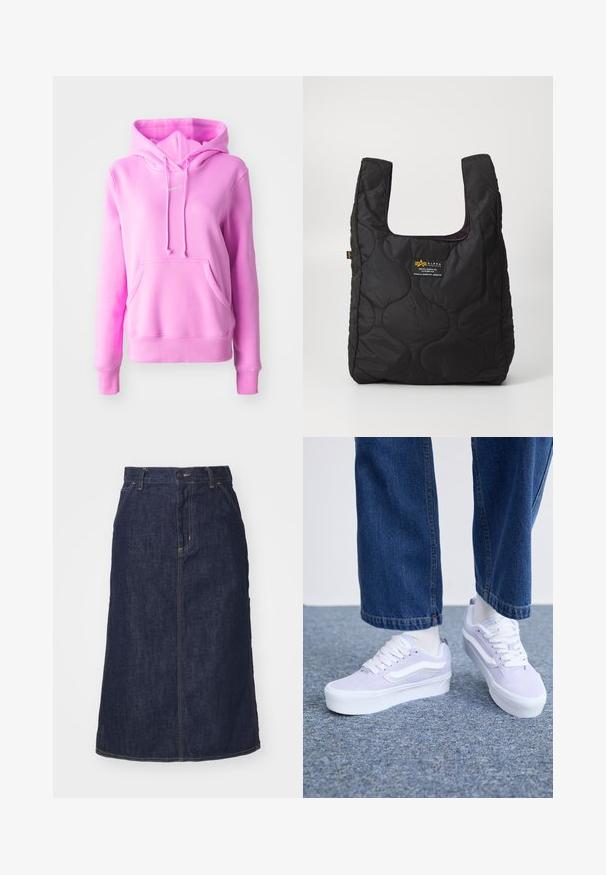 Roosa kapuutsiga sviiter pehmetest kangast, ees taskuga, kaela juures reguleeritavad paelad ja rinnal väike logo.; Tume denim.seelik kõrge vöökoha, sirge lõike, esikottide ja õmmeldud õmblustega. Vöökoht on varustatud luku ja nööbiga.; Heledad hallidest nubukist tossud valgete aktsentidega, lamedad nöörid ja paks valge tallaosa, kantud heledate sokkidega ja lagedate denimpükstega.; Mustmustritud must kott, millel on suur avaus, kõverad vormid pinnal ja silt, millel on kollane ja valge tekst esitlusel.; Hõbedased rõngaskõrvarõngad keerutatud disainiga, millel on poleeritud viimistlus ja posti-tagune sulgemine. Diameeter umbes 3 cm.