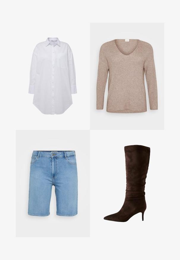 Lichtbruine, geribde sweater met lange mouwen en een V-hals. Glad textuur met een ontspannen pasvorm en een rechte zoom. Geen zichtbare patronen of accenten.; Witte button-up shirt met een kraag, een enkel vak aan de linkerkant van de borst, lange mouwen met knopenmanchetten en een gebogen zoom. Gemaakt van katoen.; Lichtblauwe denim shorts met een klassieke snit, voorzien van een knoopsluiting aan de voorkant, riemlussen en twee zijzakken. Gladde textuur en rechte zoom.; Bruine suede laarzen tot de knie met een spitse neus en een slanke hak. Het ontwerp heeft een geplooide textuur nabij de bovenrand voor extra detail.
