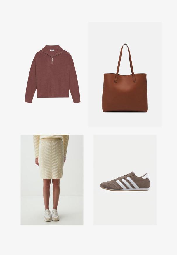 Geribbelde, bordeauxrode pullovertrui met een hoge kraag, 1/4 ritssluiting en brede mouwen. Zachte textuur met een ontspannen pasvorm.; Brede pen rok van breiwerk in lichtcrème met een geborduurd blad- en stippenpatroon, met een aansluitende pasvorm en een afgeronde zoom, gecombineerd met witte sneakers.; Bruine suède sportschoen met witte strepen, ronde neus, vetersluiting en gumrubberen zool. Gestructureerde bovenkant met stikseldetails.; Bruine leren tote bag met een gladde textuur, een ontwerp met een open bovenkant en twee schouderbanden. Kenmerkt zich door minimale stiksels en geen zichtbare hardware.