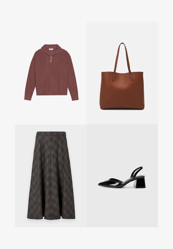 Suéter pullover em bordeaux, com nervuras, gola alta, fecho de 1/4 e mangas largas. Textura suave com um corte relaxado.; Saia midi xadrez castanha com um formato evasé, textura suave, cintura e realces em azul claro no padrão.; Sandy em verniz preto com salto slingback, ponta afilada e salto geométrico. Apresenta um design elegante e minimalista com textura suave.; Bolsa tote de couro castanho com uma textura suave, design de abertura superior e duas alças para o ombro. Apresenta costura mínima e sem hardware visível.