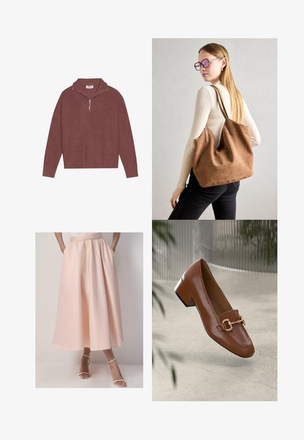 Rebrast pulover v burgundski barvi z visokim ovratnikom, zapiranjem na 1/4 zadrgo in širokimi rokavi. Mehka tekstura z sproščenim krojem.; Bleda roza, do tal spodnja krila z nabranim pasom, z bočnimi žepi in gladko teksturo. Obuta v bele sandale s trakovi.; Rjavi lakirani loafer z kvadratnim nosom, kovinsko verigo kot okrasom in nizko blok podplatom; gladka tekstura, minimalističen dizajn.; Rjava semišna torba z mehko teksturo, velikim odprtjem in dolgimi ročaji. Ima preprost dizajn z vidnim šivanjem in brez okovja.