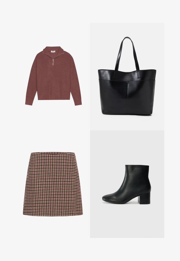 Ribotas, bordo spalvos megztinis su aukštu apykaklę, 1/4 užtrauktuko uždarymu ir plačiomis rankovėmis. Minkštas tekstūros, su laisvu pritaikymu.; Raudonas ir kremiškai margas mini sijonas su tiesia siluetu ir tekstūruotu audiniu. Nėra matomų užsegimų ar dekoracijų.; Juodos odinės aulinės botai su smailiu priekiniu pirštu ir storu kulnu. Lygus tekstūra su minimaliomis detalėmis ir elegantišku, tvirtai priglundančiu dizainu.; Juoda odinė rankinė su dviem ilgais diržais, lygiu paviršiumi ir struktūrizuota forma. Yra priekinė kišenė papildomam saugojimui.