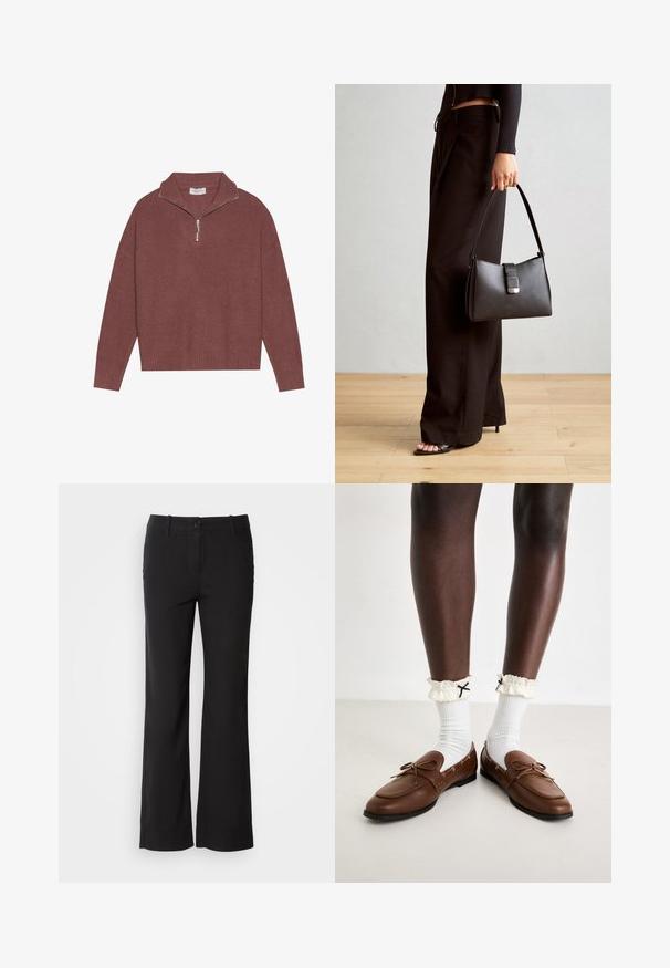 Żebrowany, burgundowy sweter z wysokim kołnierzem, z zapięciem na 1/4 zamka i szerokimi rękawami. Miękka tekstura i luźny krój.; Czarne spodnie z bawełny z prostymi nogawkami, z zapięciem na guzik z przodu i dwoma bocznymi kieszeniami. Gładka faktura, brak widocznych wzorów.; Brązowe skórzane mokasyny z okrągłym noskiem i związanym detalem w kształcie kokardy, w zestawieniu z białymi prążkowymi skarpetami i falbankowymi kremowymi mankietami z czarnymi akcentami.; Czarna torebka o usztywnionym kształcie, gładkiej fakturze i metalowym zapięciem. Połączona z szerokimi czarnymi spodniami i sandałami na otwartym palcu na drewnianej podłodze.
