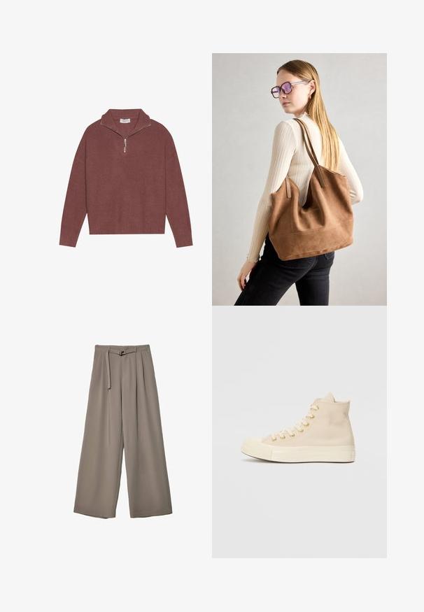 Ribovaný, bordový pulóver s vysokým golierom, 1/4 zipsom a širokými rukávmi. Mäkčená textúra s voľným strihom.; Široké nohavice v jemnej, tlmenej šedej tkanine, s opaskom v pase a vreckami pre dodatočný dizajnový detail. Hladký povrch, bez vzorov.; Béžové vysoké tenisky vyrobené z hladkého plátna s zlatými očkami, bielou gumovou podrážkou a ochranným špičkou. Majú šnurovací predný dizajn.; Hnedá semišová taška na rameno s mäkkou textúrou, veľkým otvorom a dlhými popruhmi. Má jednoduchý dizajn s viditeľným šitím a bez kovových prvkov.