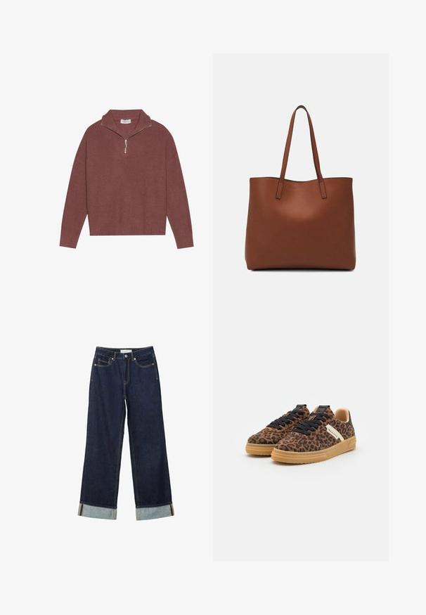 Hladký burgundský svetr s výstřihem do vysokého límce, zapínáním na 1/4 zip a širokými rukávy. Měkká textura a uvolněný střih.; Tmavě modré kalhoty s širokými nohavicemi a vysokým pasem, s ohrnutými manžetami, kontrastním prošíváním a pěti kapsami. Vyrobené z denimové tkaniny.; Pár hnědých tenisek s leopardím potiskem, černými tkaničkami, béžovými gumovými podrážkami a bílými bočními akcenty na bílém pozadí.; Hnědá kožená taška přes rameno s hladkou texturou, otevřeným designem a dvěma ramenními popruhy. Obsahuje minimální švy a žádné viditelné kovové prvky.