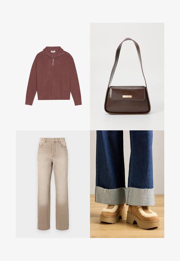 Suéter pullover em bordeaux, com nervuras, gola alta, fecho de 1/4 e mangas largas. Textura suave com um corte relaxado.; Jeans de denim bege com um efeito ligeiramente desbotado, design de perna reta, estilo de cinco bolsos e fecho com botão de metal na cintura.; Botas de plataforma em camurça castanha com forro de pele creme, combinadas com calças de ganga de perna larga com bainhas desfiadas e um punho em ganga mais clara.; Bolsa de ombro em couro castanho com uma forma estruturada, apresentando um fecho magnético e um detalhe metálico com o logótipo na frente.