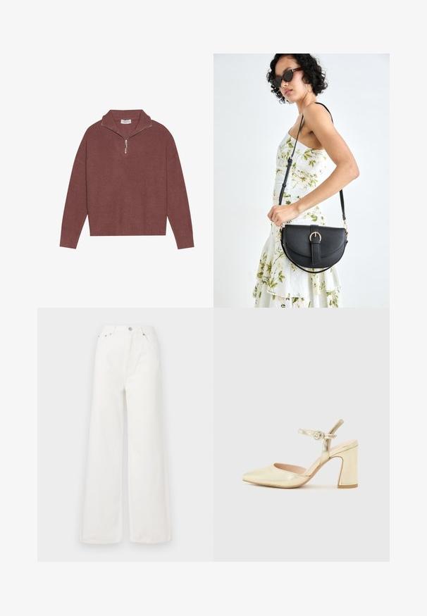 Ribbed, burgundy pullover sweater with a high collar, 1/4 zip closure, and wide sleeves. Soft texture with a relaxed fit.; White high-waisted wide-leg jeans made of denim. Features front pockets, a button closure, and frayed hem details.; Gold metallic heeled shoe with a pointed toe, an ankle strap featuring a circular clasp, and a chunky heel design. Smooth texture.; Black leather handbag with a curved shape, detachable strap, and gold hardware. The bag features a flap with a buckle detail.