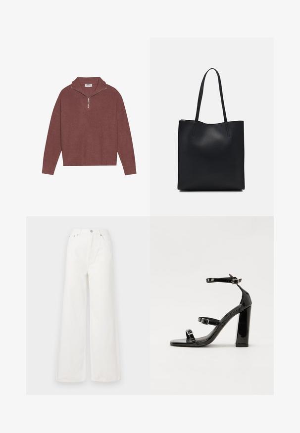 Ribbet, burgunder genser med høy krage, 1/4 glidelås og vide ermer. Myk tekstur med en avslappet passform.; Hvite høyt midjepants med vide ben laget av denim. Har frontlommer, knappelukking og utslitte detalj i kanten.; Svart høyglans sandaler med hæl, firkantet tå, ankelremmer og sølvspenner. Har en kraftig blokkhæl for stabilitet.; Svart lær tote bag med glatt tekstur, rektangulær form og to lange håndtak. Ingen synlige deler eller dekorasjoner.