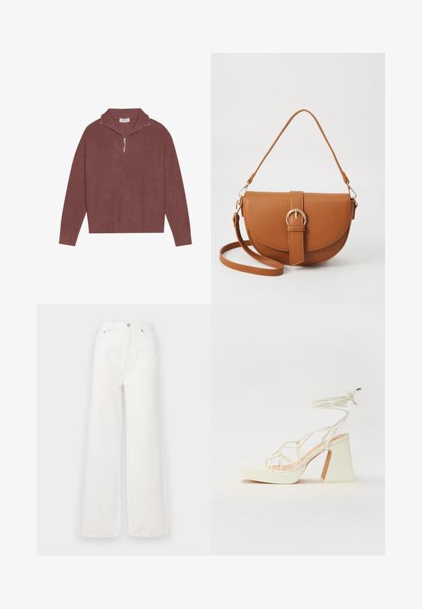 Ribbed, burgundy pullover sweater with a high collar, 1/4 zip closure, and wide sleeves. Soft texture with a relaxed fit.; White high-waisted wide-leg jeans made of denim. Features front pockets, a button closure, and frayed hem details.; White high-heeled sandal with a chunky heel, featuring a strappy design and ankle tie. Smooth texture with a platform front for added height.; Brown leather crossbody bag with a curved shape, gold hardware, and a buckle accent. Features a detachable shoulder strap.