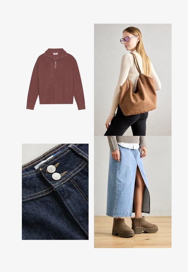 Varrukad, burgundi värvi ribakujundusega kootud sviiter kõrge kaelusega, 1/4 lukuga ja laiade varrukatega. Pehme tekstuur ja mugav lõige.; Tumedad sinine denim-püksid näitavad lähedalt vöökoha osa, kus on kaks metallnuppu, kontrastne kuldne õmblus ja tekstureeritud kangapind.; Helesin sinine teksaseelik, millel on ees lõhik, kombinatsioonis pruunide nubukist ankle'i saapad, millel on paksud tallad ja ümarad varbad.; Pruunist suedi kott pehme tekstuuriga, suure ava ja pikkade rihmadega. Omab lihtsat disaini nähtava õmblusega ja ilma metalldetailideta.