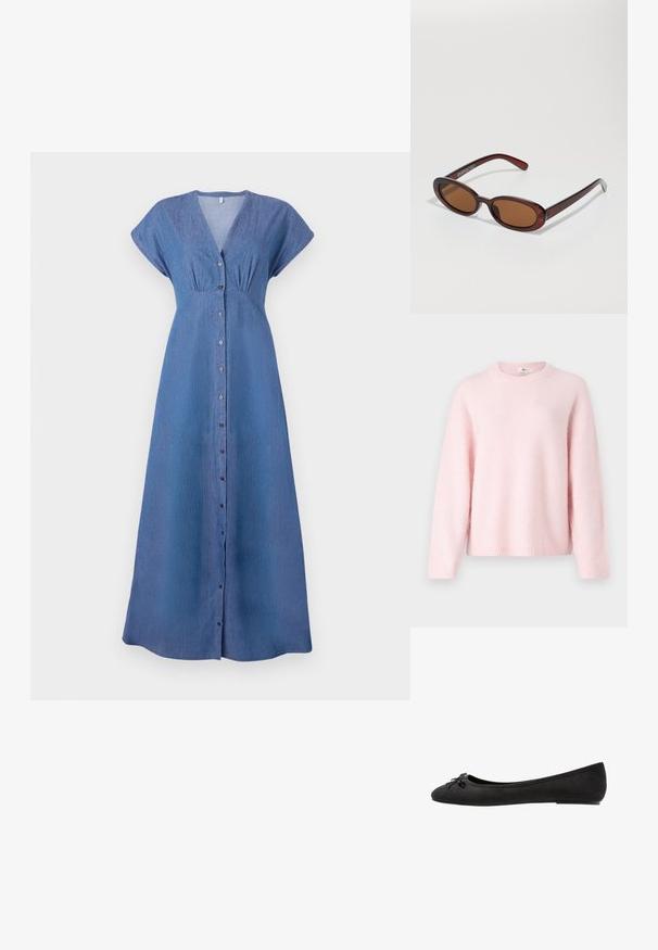 Gina Tricot - Sweter; Niebieska sukienka dżinsowa z krótkimi rękawami, dekoltem w kształcie litery V oraz z przodu zapinaną na guziki. Posiada marszczone detale pod biustem oraz prostą, długą sylwetkę.; Czarne zamszowe baletki z okrągłym noskiem, z dekoracyjną kokardką z przodu i płaską podeszwą. Gładka tekstura i klasyczny kształt.; Okrągłe, brązowe okulary przeciwsłoneczne z błyszczącą bordową oprawą. Cienkie ramiona z subtelnym detalem marki. Płaski kształt soczewek.