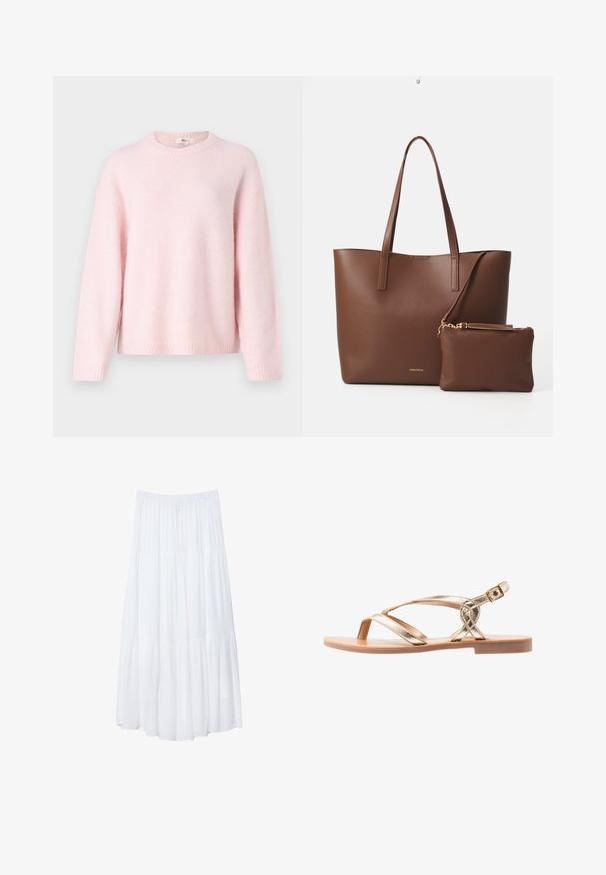 Gina Tricot CREW NECK - Jumper - primrose pink; White, tiered maxi skirt made of lightweight fabric. Features an elastic waistband and flowing design with soft, subtle texture.; Gold metallic sandals with crossed straps, a flat sole, and an ankle buckle. Smooth texture and open design for breathability.; Brown faux leather tote bag with two long handles and a matching small pouch. The surface features a textured pattern and gold hardware accents.