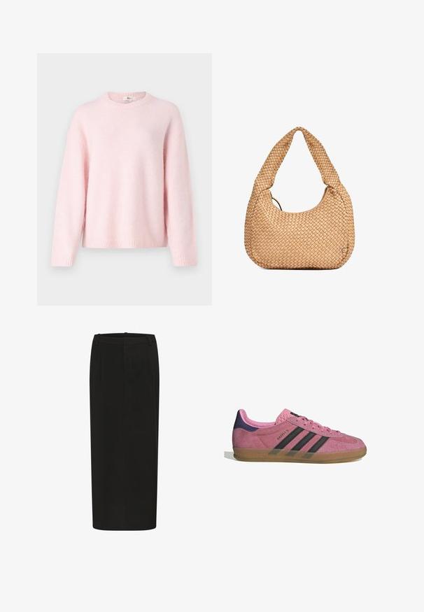 Gina Tricot CREW NECK - Pulover - primrose pink; Črna svila krilo s ravno silhueto, narejeno iz trdnega blaga, z sprednjimi naborki in nizkim pasom. Brez vidnih zapiranj.; Roza semišna tenisača z črnimi stripe, gumijastim podplatom in teksturiranim vijoličastim petnim delom. Ima vezalni dizajn in embosirano blagovno znamko na strani.; Tkanjena bež torbica s ukrivljenim siluetom in debelim ročajem, ki se ponaša z teksturiranim, strukturiranim oblikovanjem ter diskretnim logotipom.