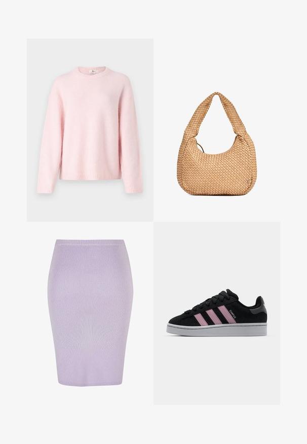 Gina Tricot CREW NECK - Trui - primrose pink; Geribbeld pencil skirt in lichtpaars met een aansluitend ontwerp. Kenmerkt zich door een hoge tailleband, een soepele textuur en een knie-lange snit.; Zwarte suède sneaker met een roze drievoudige streep ontwerp, grijze rubberen zool en een gestructureerde tong. Bevat branding aan de zijkant en hiel.; Geweven beige handtas met een gebogen silhouet en een dikke handgreep, voorzien van een textuur, gestructureerd ontwerp en een subtiele logo-accent.