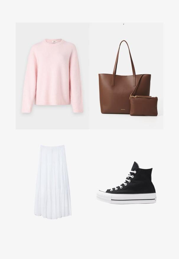 Gina Tricot CREW NECK - Neule - primrose pink; Vaaleanpunainen pitkähihaisessa ribbipaita, jossa on pyöreä pääntie ja tiukka siluetti. Valmistettu pehmeästä, teksturoidusta kankaasta. Minimalistinen muotoilu, ilman kuoseja.; Valkoinen, kerroksellinen maksihame, joka on valmistettu kevyestä kankaasta. Siinä on joustava vyötärö ja virtaava muotoilu, jossa on pehmeä, hienovarainen rakenne.; Korkean ylösulkeutuvan mustan kankaan lenkkitossun, jossa on valkoiset rei'itykset, nauhat ja kumipohja. Sisältää teksturoituneen kärkitilan ja musta-valkoiset raidat.; Ruskea tekonahkainen olkalaukku, jossa on kaksi pitkää kahvaa ja yhteensopiva pieni pussi. Pinnassa on teksturoitu kuvio ja kultaiset yksityiskohdat.