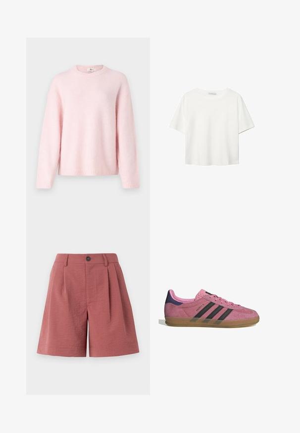 Gina Tricot CREW NECK - Svetr - primrose pink; Bílý krátký rukáv tričko vyrobené z bavlny. Má kulatý výstřih a volný střih. Hladký materiál bez viditelných vzorů nebo akcentů.; Červené texturované šortky s knoflíkovým zapínáním, sklady v přední části a rovný střih, navržené pro volnočasové nošení.; Růžové semišové tenisky s černými pruhy, gumovou podrážkou a strukturovaným fialovým podpatkem. Disponují šněrovacím designem a embosovaným logem na boku.