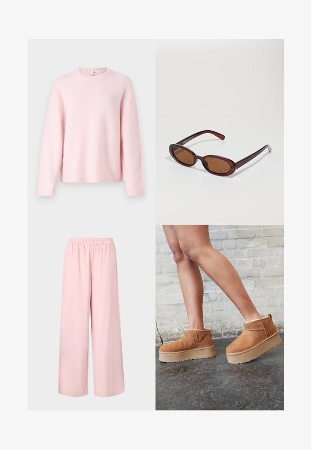 Gina Tricot CREW NECK - Stickad tröja - primrose pink; Vit t-shirt med kort ärm i bomull. Har en rundad halsringning och en avslappnad passform. Slät textur utan synliga mönster eller detaljer.; Rosa vida byxor med elastisk midja och mjuk textur, som har en lös passform och rak skärning från midja till nederkant.; Bruna mocka ankelskor med en fluffig foder, tjock beige plattformssula och en dragflik bak. Texturerad yta med synliga sömdetaljer.; Runda, bruntonade solglasögon med en glansig bordeauxfärgad ram. Smala bågar med subtilt varumärkesdetalj. Platt linsdesign.; Vävd beige handväska med en kurvig silhuett och ett tjockt handtag, med en texturerad, strukturerad design och en subtil logotypaccent.
