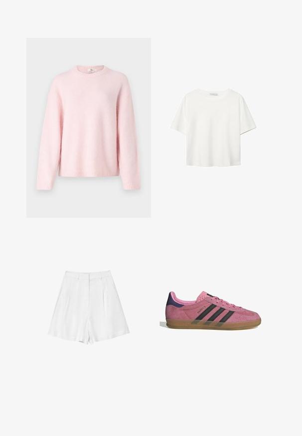 Gina Tricot CREW NECK - Maglione - primrose pink; T-shirt bianco a maniche corte realizzato in cotone. Presenta un collo tondo e una vestibilità rilassata. Texture liscia senza motivi o dettagli visibili.; Pantaloni corti in lino bianco con vita alta, dotati di due pieghe frontali e tasche laterali. Tessuto morbido con una forma sartoriale e linee pulite.; Sneaker in suede rosa con strisce nere, suola in gomma e tallone texturizzato viola. Presenta un design con lacci e un marchio in rilievo sul lato.