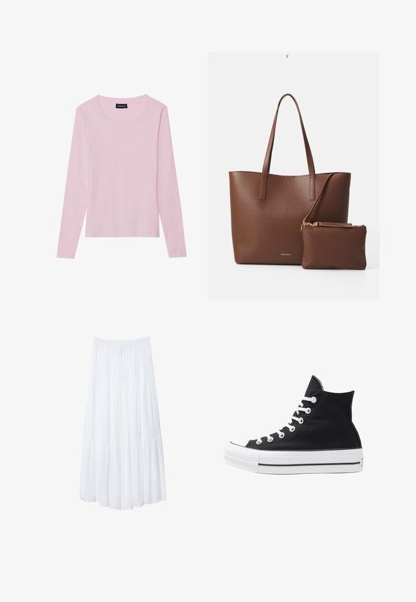 Gina Tricot - Sweter; Jasnoróżowa, długorękawowa bluzka o prążkowanej fakturze z okrągłym dekoltem i dopasowanym krojem. Wykonana z miękkiego, teksturowanego materiału. Minimalistyczny design, bez wzorów.; Biała, warstwowa maxi spódnica wykonana z lekkiego materiału. Posiada elastyczny pasek w talii oraz swobodny krój z delikatną, subtelną teksturą.; Czarny wysokopodbiciowy sneaker z płótna, z białymi oczkami, sznurówkami i gumową podeszwą. Posiada teksturowany czubek oraz czarno-białe paski.; Brązowa torba tote z syntetycznej skóry, z dwiema długimi rączkami i dopasowaną małą saszetką. Powierzchnia ma teksturowany wzór i złote akcenty.