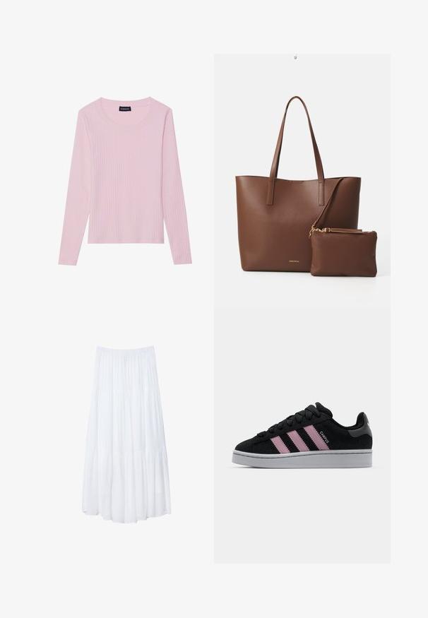 Gina Tricot CREW NECK - Strickpullover - primrose pink; Helles, rosa langärmliges Oberteil mit gerundetem Ausschnitt und figurbetonter Silhouette. Hergestellt aus weichem, strukturiertem Stoff. Minimalistisches Design, ohne Muster.; Weißer, gestufter Maxi-Rock aus leichtem Stoff. Verfügt über einen elastischen Bund und ein fließendes Design mit weicher, subtiler Textur.; Schwarze Wildleder-Sneaker mit pinkem Drei-Streifen-Design, grauer Gummisohle und texturiertem Zungenbereich. Mit Branding an der Seite und Ferse.; Braune Handtasche aus Kunstleder mit zwei langen Griffen und einem passenden kleinen Beutel. Die Oberfläche weist ein strukturiertes Muster und goldene Hardware-Akzente auf.