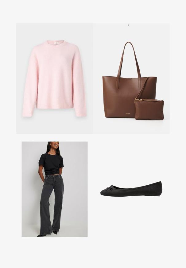 Gina Tricot CREW NECK - Maglione - primrose pink; Maglietta nera aderente abbinata a jeans neri a vita alta e a gamba larga. Il tessuto sembra essere strutturato. Tacchi neri a punta completano il look.; Ballerine in suede nero con punta arrotondata, caratterizzate da un fiocco decorativo sulla parte anteriore e un design a suola piatta. Texture liscia e forma classica.; Borsa a tote in finta pelle marrone con due manici lunghi e una piccola pochette coordinata. La superficie presenta un motivo testurizzato e dettagli in metallo dorato.