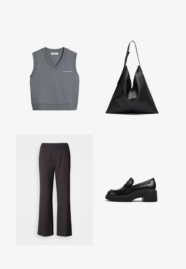 Ribbed knit long-sleeve top in off-white with a high collar and slim fit. Features vertical texture and a cropped hem.; Gray sleeveless V-neck sweater vest with ribbed trim and small "marc o polo denim" logo on the chest.; Mos Mosh SVALA - Trousers - black; Black leather chunky-heeled loafer with thick sole and a strap detail across the top, shown from the side on a white background.; Black leather triangular handbag with a single adjustable shoulder strap and a soft, slightly slouched structure.