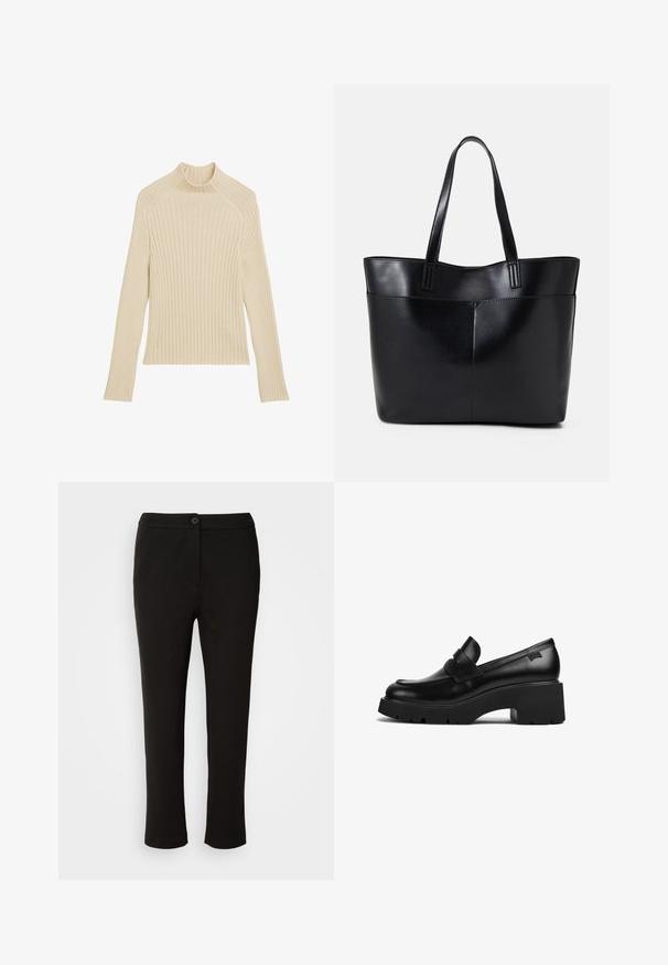 Sweter o ribbowanym splocie z długim rękawem w odcieniu off-white z wysokim kołnierzem i dopasowanym krojem. Posiada pionowy wzór oraz skrócony dół.; Marc O'Polo - Spodnie materiałowe; Czarne skórzane loafery na grubej podeszwie z szerokim obcasem i paskiem na górze, zaprezentowane z boku na białym tle.; Czarna skórzana torba na ramię z dwoma długimi uchwytami, gładką teksturą i sztywną formą. Posiada przednią kieszeń dla dodatkowego przechowywania.