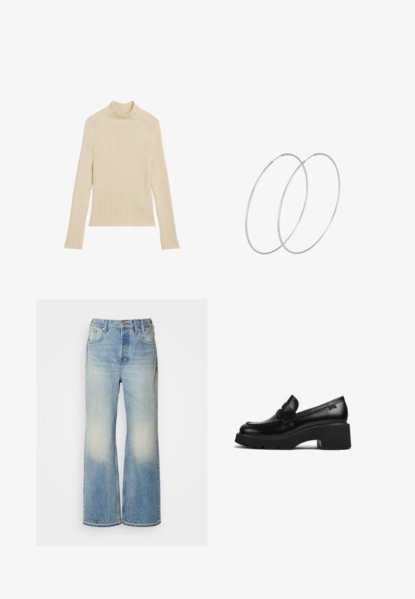 Rippstrick Langarmtop in Cremeweiß mit hohem Kragen und schlanker Passform. Mit vertikaler Struktur und verkürztem Saum.; Hellblaue Denim-Jeans im weit geschnittenen Stil mit einem ausgewaschenen Effekt. Sie verfügen über einen Knopfverschluss, Gürtelschlaufen und ein Fünf-Taschen-Design.; Schwarze Leder-Loefer mit klobigem Absatz, dicker Sohle und einem Riemen über der Oberseite, seitlich auf einem weißen Hintergrund gezeigt.; Silberne Creolen mit minimalistischem Design. Rundform, glatte Oberfläche und dünnes Profil. Leichtgewichtig mit hochglänzender Oberfläche.