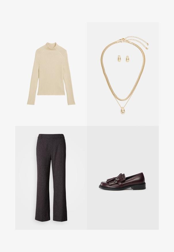 Μακρυμάνικο τοπ από πλέξη ριμπ σε εκρού με ψηλό γιακά και στενή εφαρμογή. Διαθέτει κάθετη υφή και κοντό στρίφωμα.; Mos Mosh SVALA - Παντελόνι - black; Μπορντό δερμάτινα loafers με φρουτώδη λεπτομέρεια, στρογγυλή μύτη και χαμηλό, στερεό μαύρο τακούνι. Λεπτομερής ραφή κατά μήκος της σόλας.; Χρυσό σετ κοσμημάτων που περιλαμβάνει ένα πολύστρωτο κολιέ με μενταγιόν σε σχήμα σταγόνας και αντίστοιχα σκουλαρίκια με καρφάκια, όλα με γυαλιστερή φινίρισμα.