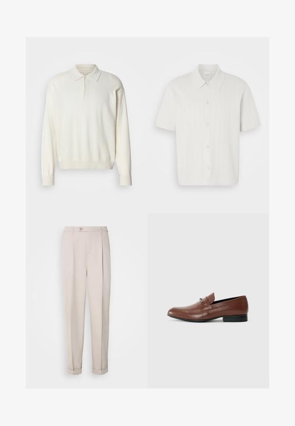 Suéter de polo blanco de manga larga hecho de material suave, con un cuello clásico, tapeta de botones y puños y dobladillo acanalados.; Camisa de manga corta en tejido blanco con textura acanalada, que presenta un collar clásico y cierre frontal con botones.; Pantalones beige de tela suave, con corte recto, pliegue sencillo y puños enrollados. Incluyen un cierre frontal con botones.; Mocasines de cuero marrón con punta redondeada, que presentan un pequeño acento metálico en la parte superior y una suela de goma negra. Textura suave en toda su superficie.