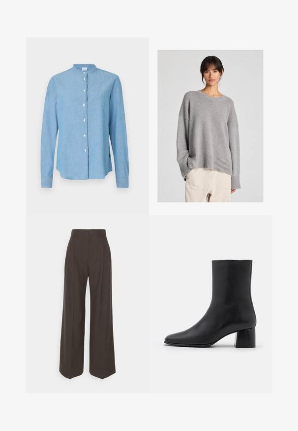 Pull en maille gris avec une coupe décontractée, col rond, poignets et ourlets côtes. Texture douce avec un motif de tricot subtil. Associé à un pantalon clair.; Chemise en denim bleu clair à boutons, dotée d'un col rond, de manches longues et de boutons perlés sur le devant.; Pantalons larges marron foncé à taille haute, avec des plis soigneusement marqués, une texture lisse et une coupe ajustée.; Bottine en cuir noir avec un bout pointu et un talon carré épais. Texture lisse avec un design sans coutures et descoutures minimalistes.