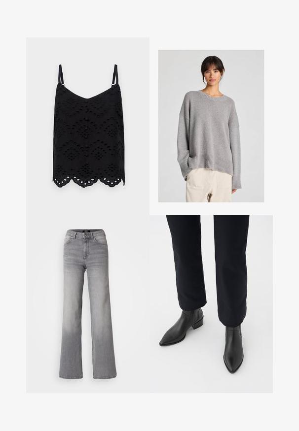 Szürke kötött pulóver, laza fazonnal, kerek nyakkivágással, bordás mandzsettákkal és szegéllyel. Puha tapintású, diszkrét kötött mintázattal. Világos nadrággal párosítva.; Fekete ujjatlan felső vékony pántokkal, hímzett mintával, hullámos szegéllyel és gombos részletekkel az elején. Könnyű anyagból készült.; Magasan derekú, egyenes szárú, szürke farmernadrág, elől gombbal és cipzárral, elülső és hátsó zsebekkel, valamint elhalványodott árnyékolással a combokon és a vádlikon.; Fekete bőr bokacsizma hegyes orral, tömbsarkúval és texturált oldalsó panelekkel, sötét nadrággal viselve, fehér háttér előtt.