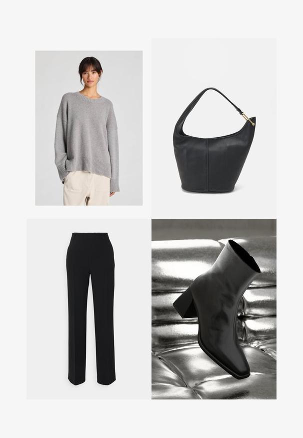 Pull en maille gris avec une coupe décontractée, col rond, poignets et ourlets côtes. Texture douce avec un motif de tricot subtil. Associé à un pantalon clair.; Pantalons noirs à jambes droites avec une texture lisse. Dotés d'une taille et sans motifs ou accents visibles. Design classique et ajusté.; Botte noire à la cheville en matériau brillant avec un bout carré et un talon effilé, sur un fond argenté brillant et capitonné.; Sac à main en cuir noir avec une forme arrondie, une large bandoulière et une finition texturée. Présente un détail de couture subtil et un accent en métal doré.