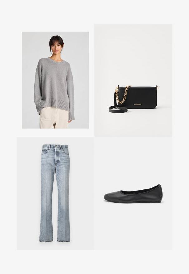 Sivkasti pleten pulover z ohlapnim krojem, okroglim izrezom, rebrastimi manšetami in robom. Mehka tekstura z diskretnim pletenim vzorcem. Ujemamo z neobdelanimi hlačami.; Svijetloplave traperice sa suženim donjim dijelom, visokim strukom, prednjim džepovima i blagim izblijedjenjem. Standardno zatvaranje na dugme i patentni zatvarač.; Črne usnjene balerinke z zaobljenim nosom, gladko teksturo, minimalnimi šivi in fleksibilno zasnovo podplata.; Črna usnjena torba s zlatim verižnim okrasom, gladka tekstura in zlate logotipne podrobnosti. Vključuje nastavljiv trak za prilagodljivost.