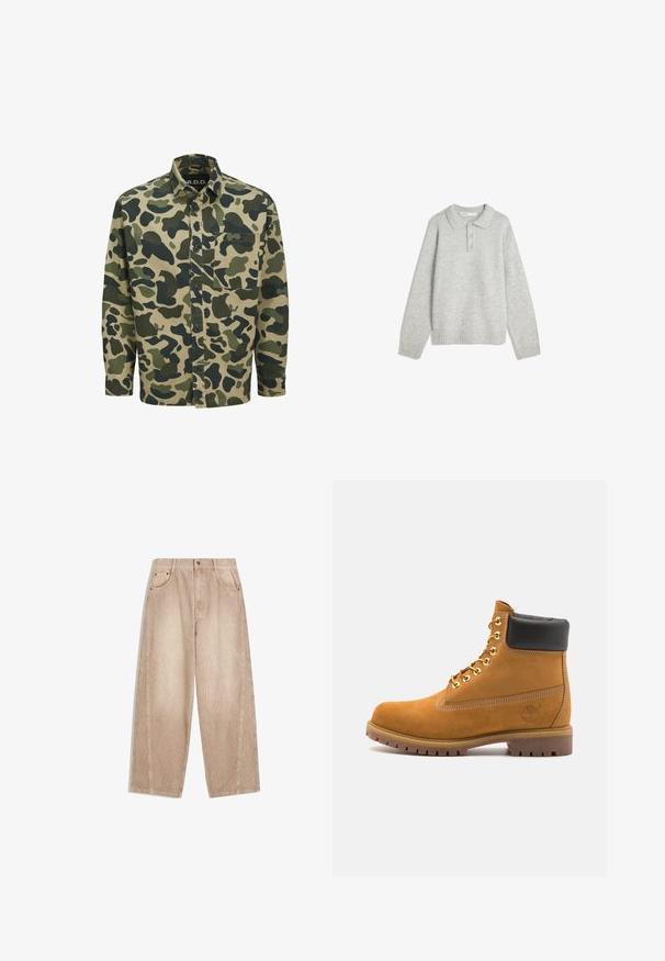 Sivi pleteni pulover s ovratnikom, tremi sprednjimi gumbi in rebrastim robom. Tkanina se zdi mehka in teksturirana, s sproščenim krojem.; Kamoroljna srajca z bež podlago in zelenimi ter temnozelenimi abstraktnimi oblikami, dolgi rokavi, zapiranje s gumbi spredaj in žep na prsih.; Bež široke hlače iz kordura z navpičnimi rebri, ki vključujejo sprednje žepe, pasne zanke in zadrgo s gumbom.; Svetlo rjave anklne čizme iz semiša z črnim oblazinjenim ovratnikom, zlatimi kovinskimi očesci, belimi šivi in robustnim gumijastim podplatom s izrazitimi tredi.