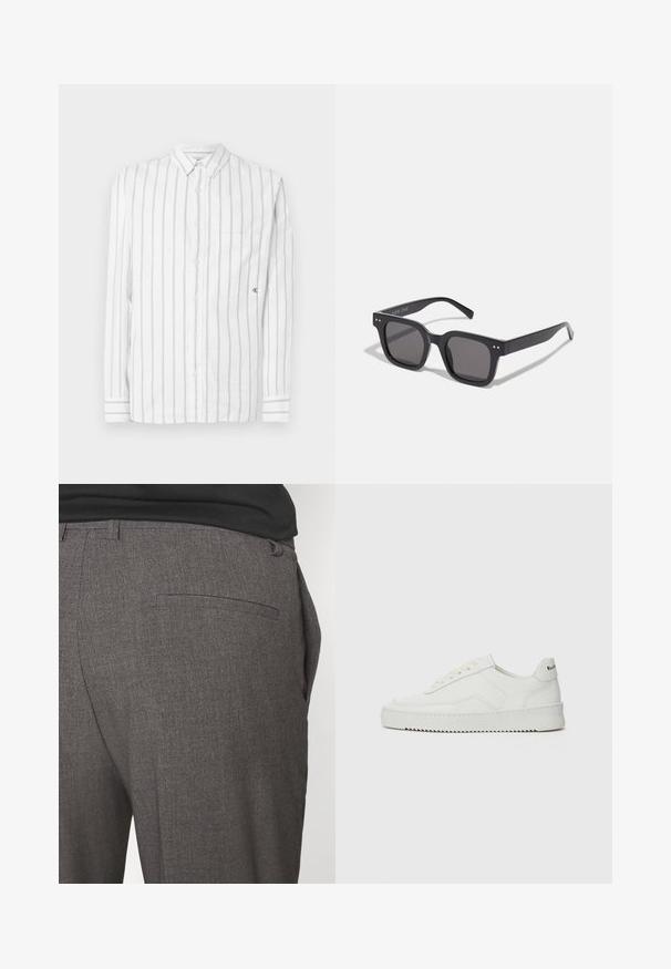 Szary dzianinowy sweter z kołnierzykiem, trzema przyciskami z przodu oraz ribbed dołem. Tkanina wydaje się być miękka i teksturowana, z luźnym krojem.; Biała koszula z długim rękawem z cienkimi szarymi pionowymi paskami, kołnierzykiem na guziki, pojedynczą kieszenią na piersi i logo CK na kieszeni.; Szare dopasowane spodnie o gładkiej strukturze, z pojedynczą kieszenią z tyłu i slim fit. Tkanina ma subtelny wzór.; Białe skórzane sneakersy o gładkim wykończeniu, okrągłym nosku, płaskich sznurówkach i teksturowanej podeszwie. Charakteryzują się delikatnym logo na pięcie.; Czarne prostokątne okulary przeciwsłoneczne z ciemnymi soczewkami, charakteryzujące się grubą oprawką, subtelnymi akcentami po bokach i brakiem widocznych logo poza nazwą marki.; Torba płócienna w jasnym beżu z podwójnymi uchwytami, z białym logo "SAMSOE" drukowanym z przodu. Prostopadłościenny kształt o prostym wzornictwie.