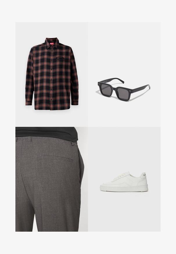 Grauer Strickpullover mit kragenähnlichem Ausschnitt, drei vorderen Knöpfen und geripptem Saum. Der Stoff wirkt weich und strukturiert und hat eine lockere Passform.; Schwarz-rote Karobluse mit durchgehender Knopfleiste, langen Ärmeln und einem Etikett am Kragen. Mit Kontrastnähten und einer aufgesetzten Tasche.; Graue maßgeschneiderte Hose mit glatter Textur, ausgestattet mit einer einzigen hinteren Tasche und einem schlanken Schnitt. Der Stoff hat ein dezentes Muster.; Weiße Ledersneaker mit glatter Oberfläche, runder Zehenpartie, flachen Schnürsenkeln und strukturiertem Sohlenprofil. Mit einem dezenten Logo an der Ferse.; Schwarze rechteckige Sonnenbrillen mit dunklen Gläsern, die einen dicken Rahmen, subtile Akzente an den Seiten und keine sichtbaren Logos außer dem Markennamen aufweisen.; Leichte, beigefarbene Canvas-Tasche mit doppelten Griffen, die auf der Vorderseite das in Weiß gedruckte "SAMSOE"-Logo trägt. Rechteckige Form mit simplem Design.
