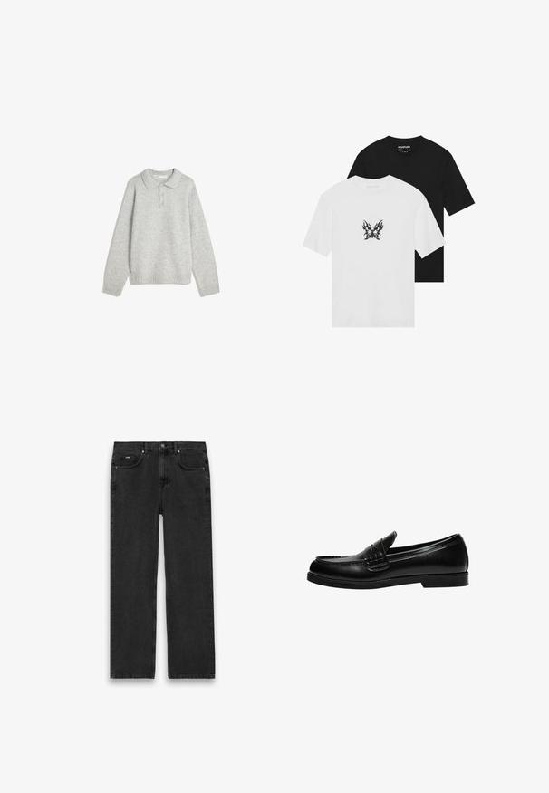 Pulover gri tricotat cu guler, trei butoane frontale și tiv cu elastic. Materialul pare moale și texturat, având o croială lejeră.; Tricouri cu mânecă scurtă, în negru și alb, cu un grafic de fluture cu model de flăcără pe partea din față a tricoului alb. Material din bumbac.; Blugi din denim negru cu croială dreaptă, având cinci buzunare, sistem de închidere cu nasture și o ușoară decolorare. Material texturat și detalii de cusătură minime.; Loafers din piele neagră cu un finisaj neted, având un detaliu de cusătură pe gât și o talpă joasă din cauciuc negru solid.