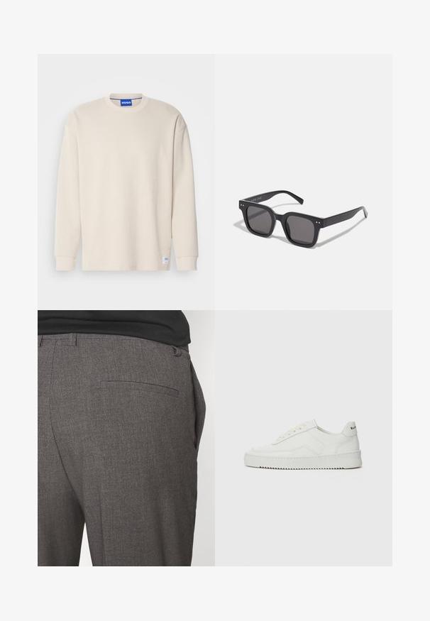 Pullover grigio a maglia con colletto, tre bottoni frontali e orlo a costine. Il tessuto sembra morbido e strutturato, con una vestibilità rilassata.; Maglietta a maniche lunghe in maglia a costine beige con scollatura rotonda e etichetta con logo cucita in basso a sinistra. Tessuto morbido e vestibilità comoda.; Pantaloni grigi su misura con una texture liscia, dotati di una sola tasca posteriore e un design slim fit. Il tessuto presenta un motivo sottile.; Sneaker in pelle bianca con una finitura liscia, punta rotonda, lacci piatti e suola testurizzata. Presenta un logo discreto sul tallone.; Occhiali da sole neri rettangolari con lenti scure, dotati di una montatura spessa, accenti sottili sui lati e senza loghi visibili oltre al nome del marchio.; Borsa in tela di colore beige chiaro con manici doppi, con il logo "SAMSOE" stampato in bianco sul davanti. Forma rettangolare con design semplice.