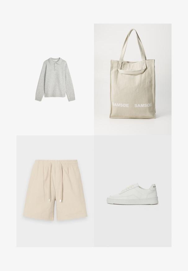 Šedý pletený pulovr s límečkem, třemi předními knoflíky a ribbovaným lemem. Tkanina se jeví jako měkká a texturovaná, s uvolněným střihem.; Béžové bavlněné šortky s elastickým pasem a šňůrkou. Mají texturovanou látku s hladkým povrchem a čtvercové kovové akcenty na šňůrkách.; Bílé kožené tenisky s hladkým povrchem, kulatou špičkou, plochými tkaničkami a texturovanou podrážkou. Na patě se nachází nenápadné logo.; Plátěná taška v světlé béžové barvě s dvojitými rukojeťmi, na přední straně s bílým potiskem loga "SAMSOE". Obdélníkový tvar s jednoduchým designem.