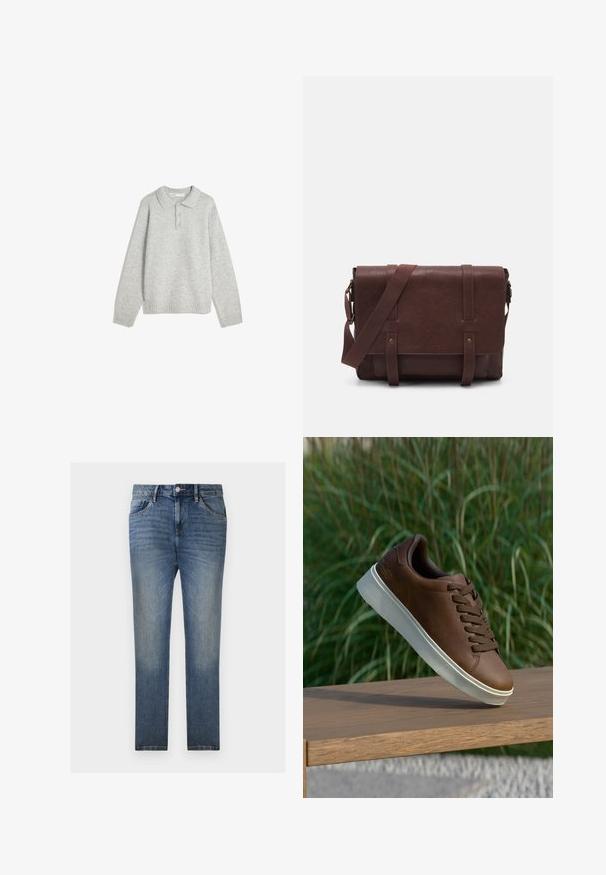 Pullover grigio a maglia con colletto, tre bottoni frontali e orlo a costine. Il tessuto sembra morbido e strutturato, con una vestibilità rilassata.; TOM TAILOR JOSH - Jeans a sigaretta - clean light stone blue denim; Sneaker in pelle marrone con suola in gomma bianca, punta arrotondata e lacci marroni. Grip testurizzato sulla suola e finitura liscia sulla parte superiore.; Borsa a tracolla in pelle marrone con un davanti piatto, due cinghie, dettagli in metallo dorato e una tracolla regolabile.