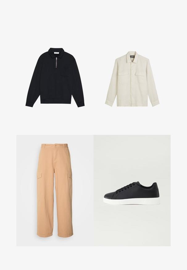 Pier One Sweatshirt - black; Light beige linen shirt, long sleeves, collared design, two chest pockets, and front button closure. Smooth texture and relaxed fit.; Beige wide-leg cargo pants made from lightweight fabric, featuring two side pockets and a button closure at the waist. Soft texture.; Pier One Trainers - black
