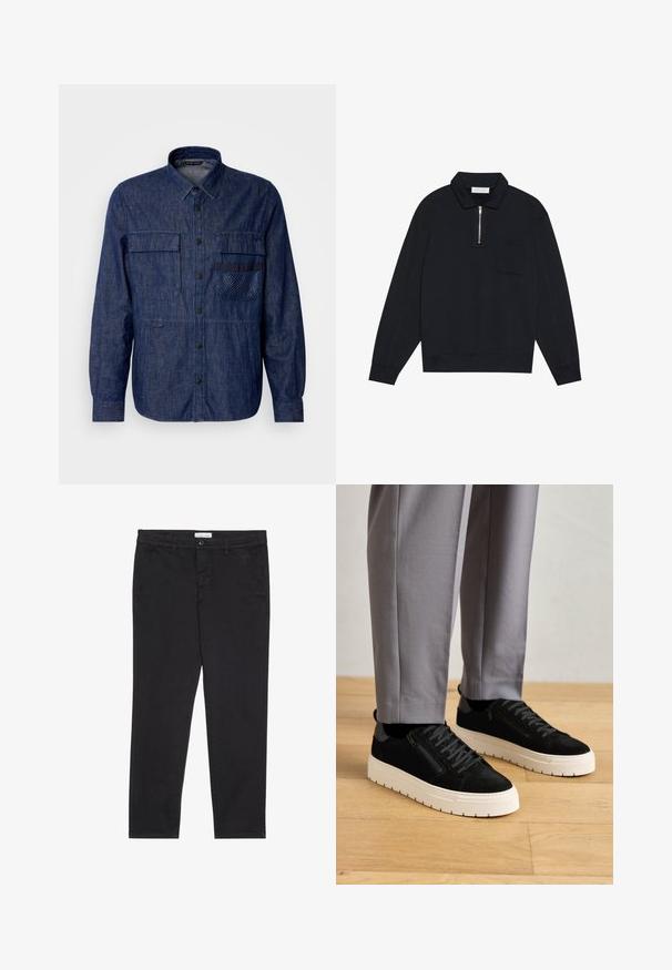 Pier One Melegítőfelső - black; Férfi farmering, sötétkék, hosszú ujjú, gombos elülső rész, két mellzseb, textúrált dísztáska, egyszínű anyag.; Fekete pamut nadrág, slim fit fazonban, két oldalsó zsebbel és elülső gombos zárással. Textúrált anyag finom részletekkel.; Fekete velúr sportcipők texturált felülettel, fehér gumitalppal és díszes oldalsó cipzárral, szürke nadrággal viselve.