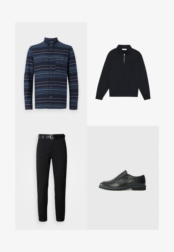 Pier One Camisola - black; Camisa de botões de mangas longas com fundo azul-marinho e riscas horizontais em vários tons de azul, colarinho e um bolso no peito. Tecido macio ao toque.; Calças pretas de corte reto, com uma textura suave e um cinto de couro preto com fivela prateada. Design simples, sem padrões ou acentos.; Sapato slip-on preto em pele com um upper liso, acabamentos cosidos, bico arredondado e um salto de borracha baixo. A sola apresenta um padrão de aderência mínimo.