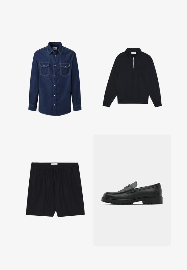 Pier One Felpa - black; Camicia in denim di colore blu scuro con maniche lunghe, colletto a punta, due tasche sul petto e bottoni a pressione bianchi, con cuciture a contrasto.; Shorts neri con vita elasticizzata e cordoncino, caratterizzati da una texture liscia e una vestibilità dritta, adatti per un abbigliamento casual.; Mocassini in pelle nera con punta rotonda, caratterizzati da un design cucito, suola piatta bassa e un battistrada in gomma testurizzata e scolpita.