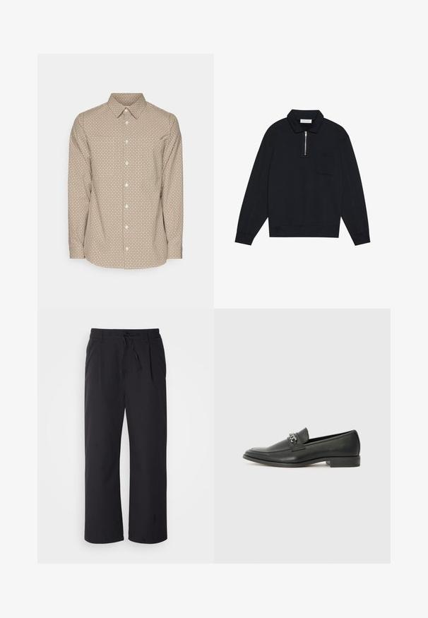 Pier One Pusa - black; Pruun nööbiga särk väikese valge geomeetrilise mustriga, pika varrukaga ja terava kraega. Omab kumerat äärt ja standardset nööbikinnitust.; Laiad püksid tekstuuriga mustast kangast, millel on paeltega vöö, kahe esiosa tasku ja sirge lõikega disain.; Must haveate nahkking punased, millel on sile viimistlus, tikitud muster ja dekoratiivne metallkett vampi üle. Tasane konts.