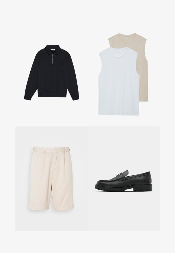 Pier One Športni pulover - black; Dve brezrokavnice: ena bela, druga svetlo bež. Obe imata krogec in sta narejeni iz mehkega, gladkega materiala s sproščenim krojem.; Bež šortsi z gubami iz gladkega materiala, z bočnimi žepi in ravnim krojem, primerni za vsakdanje nošenje.; Črne usnjene loafers čevlje z zaobljenim nosom, ki imajo šivano zasnovo, nizko platformo in teksturiran, profiliran gumijast podplat.