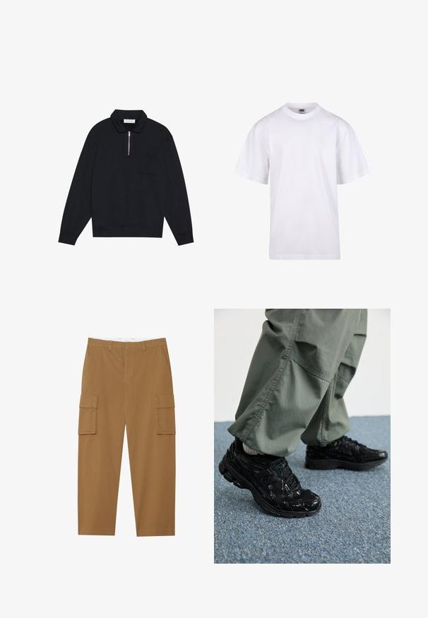 Pier One Mikina - black; Biela bavlnená tričko s okrúhlym výstrihom, krátkymi rukávmi a voľným strihom. Má jednoduchý dizajn bez vzorov alebo akcentov.; Hnedé cargo nohavice s dvoma bočnými vreckami, rovný strih a hladký predný diel. Vyrobené z odolnej látky s jemnou textúrou.; Čierne atletické tenisky s lesklými a sieťovinovými textúrami, so silnou podrážkou a šnúrkami, kombinované s voľnými olivovo-zelenými cargo nohavicami.